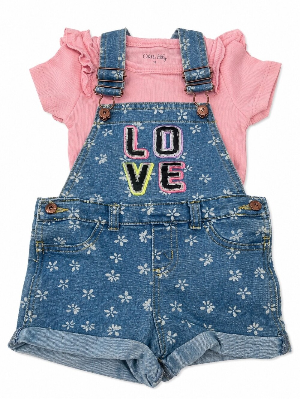 Carter's Toddler Girls 2-Piece Daisy Denim Overall Shorts & Pink Ruffle Top | 3T